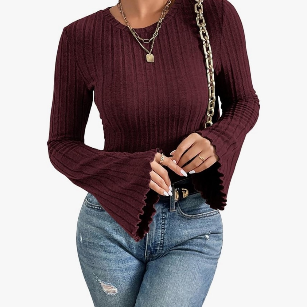Women's Ribbed Burgundy Top - Picture 2 of 3